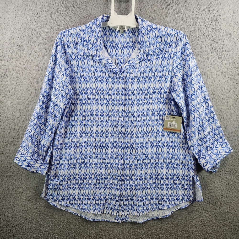 NEW John Mark Tunic Shirt Top Women Small Geometric Print White Blue